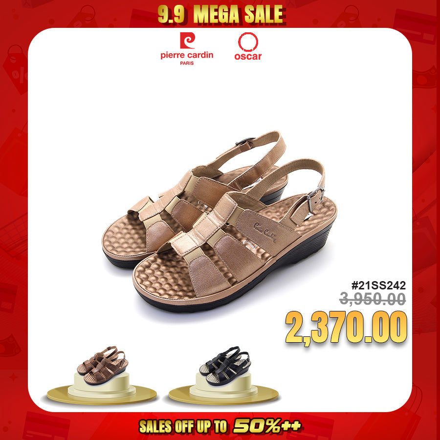 ស្បែកជើងនារី Pierre Cardin ស្បែកជើងកវែងនារី ស្បែកជើងកែងជើងរាបស្មើ ស្រួលពាក់ ផលិតពីស្បែកពិតប្រាកដ ពណ៌ Bronze Gold ទំហំ 21SS242 