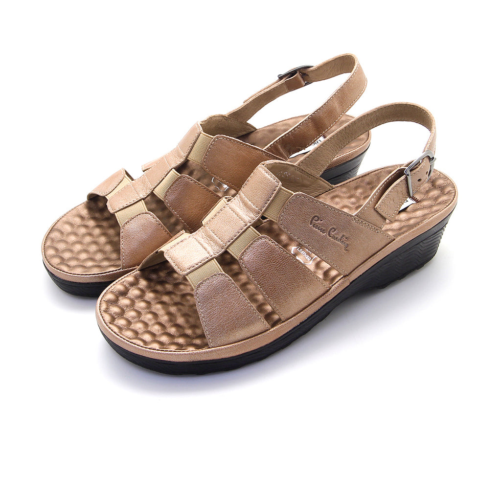 ស្បែកជើងនារី Pierre Cardin ស្បែកជើងកវែងនារី ស្បែកជើងកែងជើងរាបស្មើ ស្រួលពាក់ ផលិតពីស្បែកពិតប្រាកដ ពណ៌ Bronze Gold ទំហំ 21SS242 