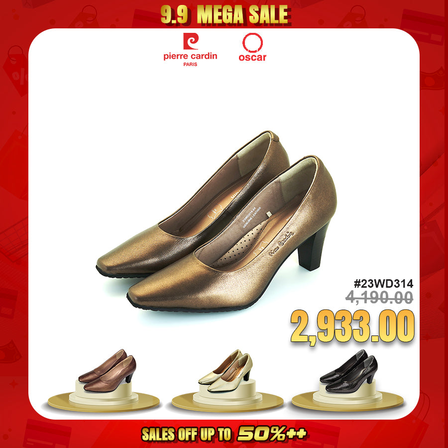 ស្បែកជើងកែងជើងនារី Pierre Cardin ទន់ស្រួលពាក់ ផលិតពីស្បែកសុទ្ធ សំរិទ្ធមាស ទំហំ 23WD314