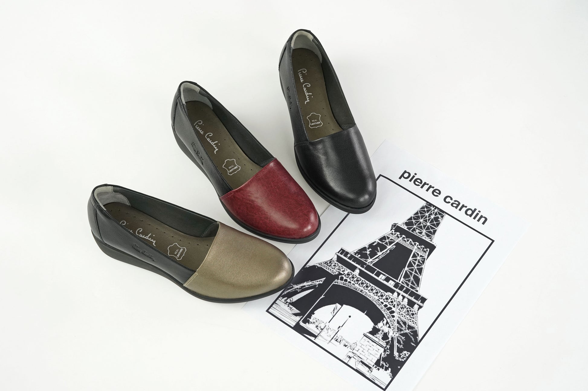 ស្បែកជើងសំប៉ែតនារី Pierre Cardin ទន់ស្រួលពាក់ ផលិតពីស្បែកសុទ្ធ ពណ៌ខ្មៅ ម៉ូដែល 27WC455